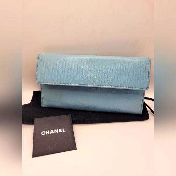 Chanel Authentic Coco Button Leather Long Bifold Wallet Powder Blue
